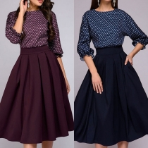 Fashion 3/4 Sleeve Round Neck High Waist Dots Printed Dress