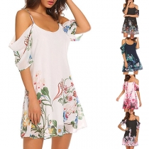 Sexy Off-shoulder Short Sleeve U-neck Printed Sling Dress