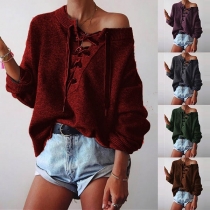 Fashion Solid Color Long Sleeve Lace-up V-neck Sweater