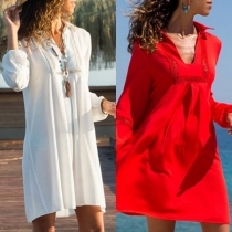 Sexy Basic Collar Lace Trim Solid Color Long Sleeve Shirt Dress