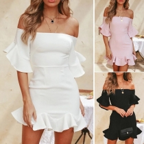 Sexy Boat-neck Solid Color Short Sleeve Ruffle Hemline Dress
