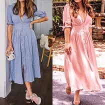 Sexy Deep V-neck Half Sleeve High Waist Solid Color Dress