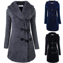 Fashion Long Sleeve Faux Fur Spliced Hooded Horn Button Overcoat
