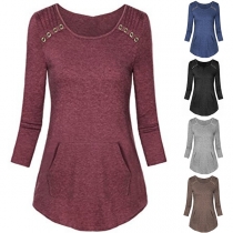 Fashion Solid Color Long Sleeve Front Pocket T-shirt 