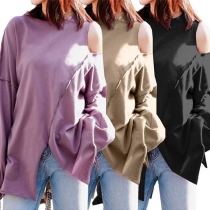Sexy Off-shoulder Long Sleeve Slit Hem Solid Color Loose Top
