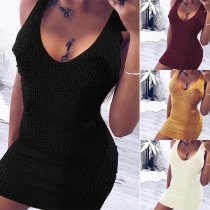 Sexy Deep V-neck Sleeveless Solid Color Slim Fit Sweater Dress
