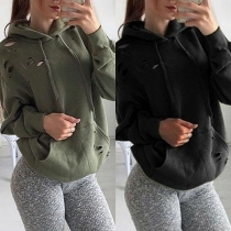 Fashion Solid Color Long Sleeve Ripped Loose Hoodie