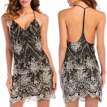 Sexy Deep V-neck Backless Sequin Inlaid Slim Fit Cami Dress
