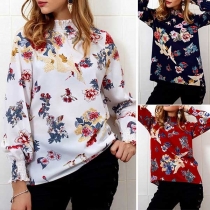 Fashion Elastic High Neck Long Sleeve Floral Top