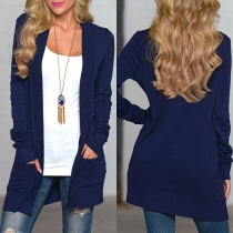 Fashion Solid Color Open-Front Ribbed Trim Knit Cardigan