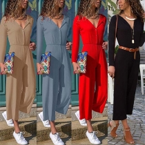 Fashion Solid Color Button Front Long Sleeve Ribbed Jumpsuit