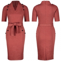 OL Style Short Sleeve V-neck Solid Color Slim Fit Pencil Dress