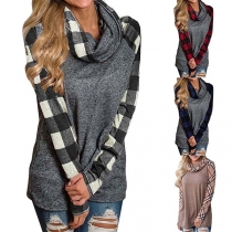 Fashion Plaid Spliced Long Sleeve Cowl Neck T-shirt 