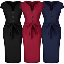 OL Style Solid Color V-neck Slim Fit Pencil Dress