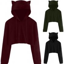 Fashion Solid Color Long Sleeve Hooded Sweatshirt Crop Top