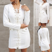 Sexy Front Lace-up Deep V-neck Long Sleeve Slim Fit Dress