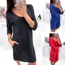 Fashion Solid Color Long Sleeve V-neck Loose Dress