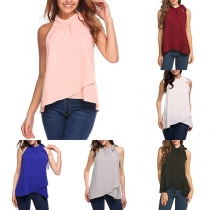 Fashion Solid Color Sleeveless Irregular Hem Chiffon Top