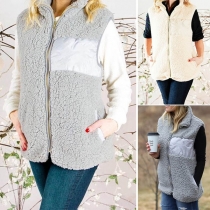 Fashion Contrast Color Stand Collar Faux Cashmere Vest