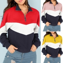 Fashion Contrast Color Long Sleeve Zipper Stand Collar Sweatshirt