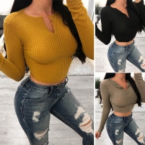 Sexy Solid Color Long Sleeve V-neck Knit Crop Top