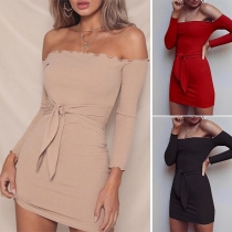 Sexy Off-shoulder Boat Neck Long Sleeve Solid Color Slim Fit Dress