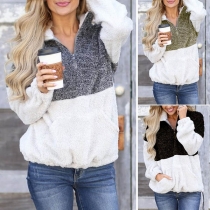 Fahsion Contrast Color Long Sleeve Stand Collar Plush Sweatshirt