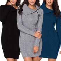 Fashion Solid Color Long Sleeve Oblique Collar Slim Fit Sweater Dress