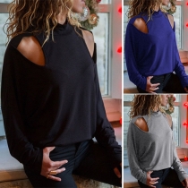 Sexy Off-shoulder Long Sleeve Mock Neck Solid Color Sweatshirt 