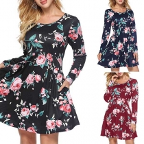 Fashion Long Sleeve Round Neck High Waist Printed A-line Dress