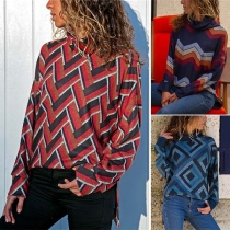 Fashion Geometric Printed Long Sleeve Turtleneck High-low Hem T-shirt 