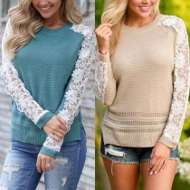 Fashion Lace Spliced Long Sleeve Round Neck Slit Hem Sweater 