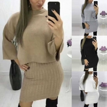 Fashion Long Sleeve Knit Top + Sleeveless V-neck Knit Dress Two-piece Set 