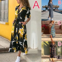 Fashion Long Sleeve Printed Dress with Waist Strap