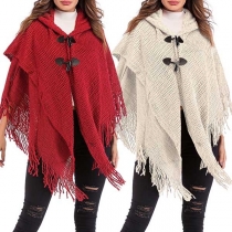 Retro Style Tassel Hem Hooded Cloak Top
