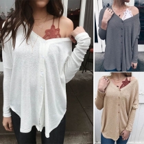 Fashion Solid Color Long Sleeve V-neck Front Button Knit Top