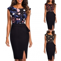 OL Style Sleeveless Round Neck Slim Fit Embroidered Pencil Dress