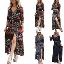 Fashion Long Sleeve POLO Collar Single-breasted Printed Shirt Dress