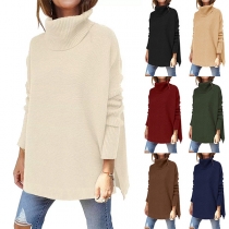 Fashion Solid Color Long Sleeve Slit Hem Cowl Neck Top