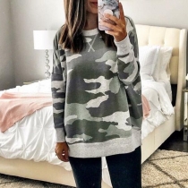 Fashion Camouflage Printed Long Sleeve Round Neck Loose T-shirt 