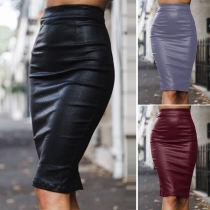 Fashion Solid Color High Waist Back-slit Hem PU Leather Skirt