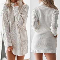 Fashion Solid Color Long Sleeve Turtleneck Front-pockets Sweater Dress