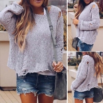 Fashion Solid Color Long Sleeve Round Neck Ripped Sweater 