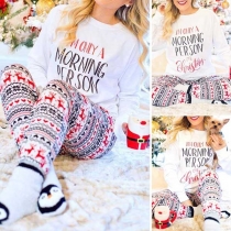 Fashion Letters Printed T-shirt + Elk Printed Pants Home Wear Two-piece Set