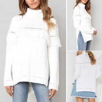 Fashion Long Sleeve Turtleneck Slit High-low Hem Tassel Sweater