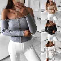 Sexy Off-shoulder Boat Neck Long Sleeve Solid Color T-shirt 