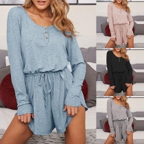 Fashion Solid Color Long Sleeve Round Neck Romper