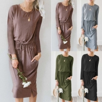 Fashion Solid Color Long Sleeve Round Neck Drawstring Waist Dress
