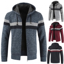Fashion Contrast Color Long Sleeve Hooded Men's Knit Coat