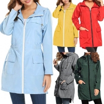 Fashion Solid Color Hooded Gathered Waist Waterproof Coat